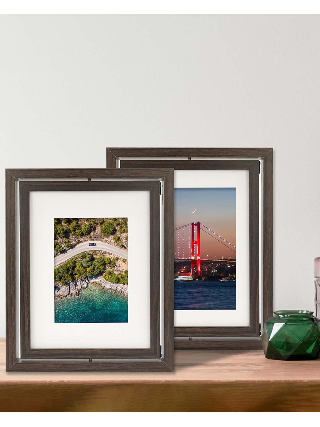 Brown Rotating Floating Double-Sided Glass for Tabletop Display Picture Frame Set of 2