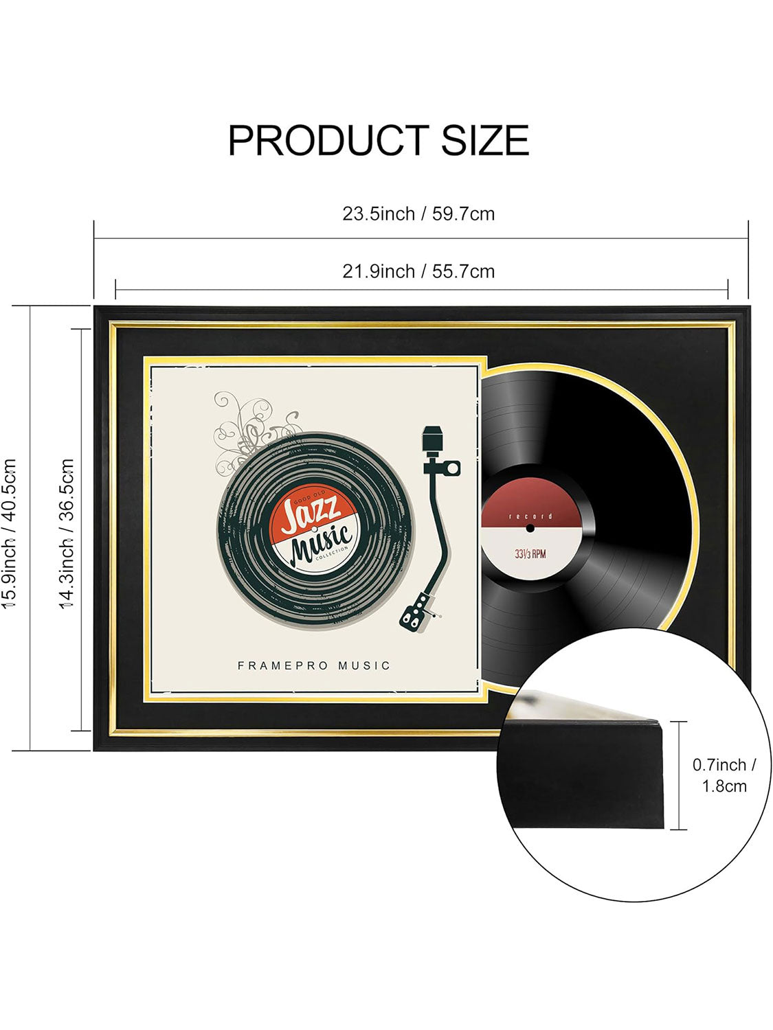 Black Vinyl Record Album Frame with Gold Trim for 12*12 LP Covers