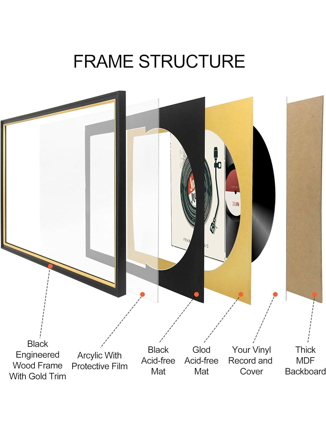 Black Vinyl Record Album Frame with Gold Trim for 12*12 LP Covers