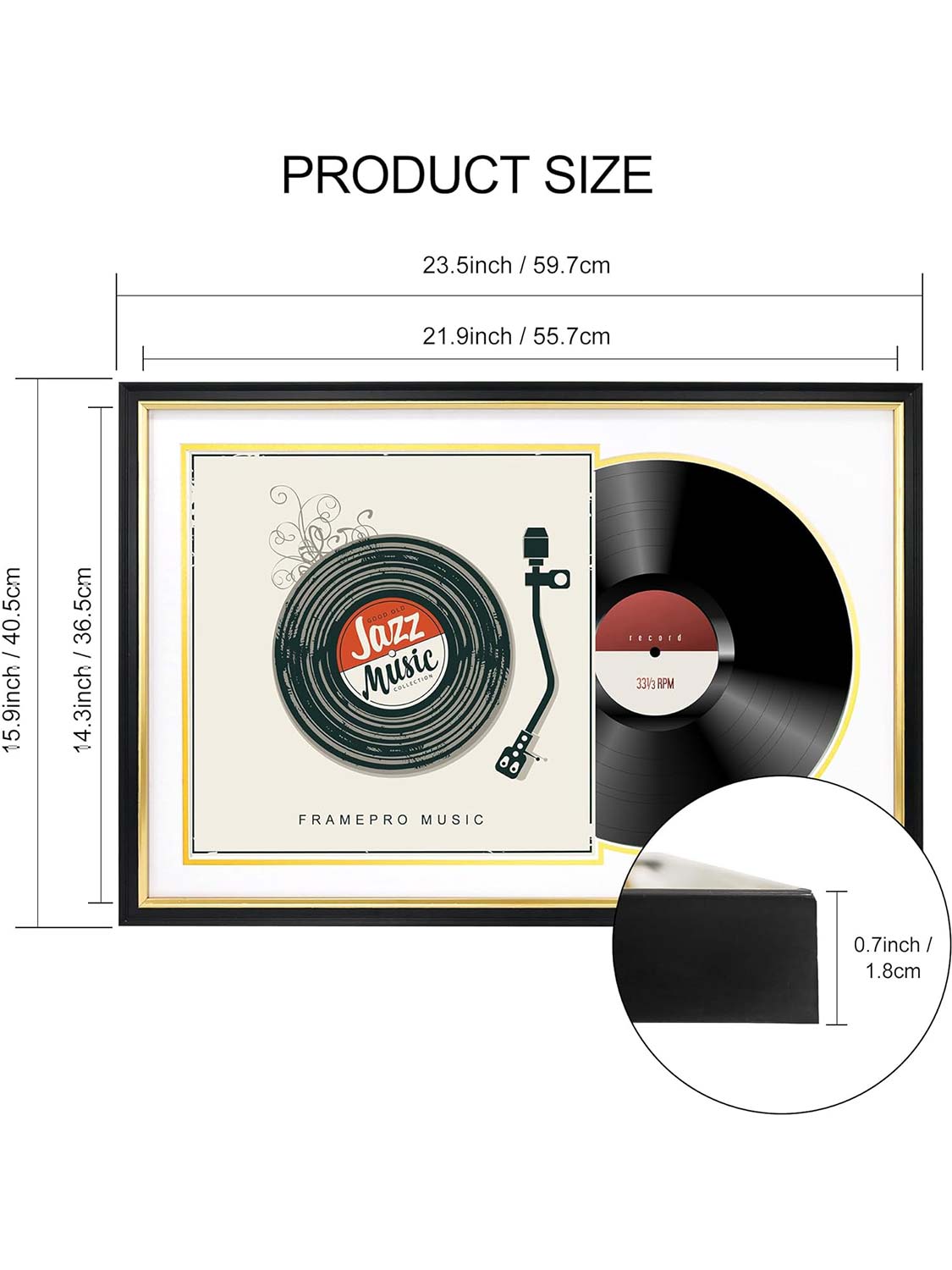 Black Vinyl Record Album Frame with Gold Trim for 12*12 LP Covers - 2 Colors Avialable