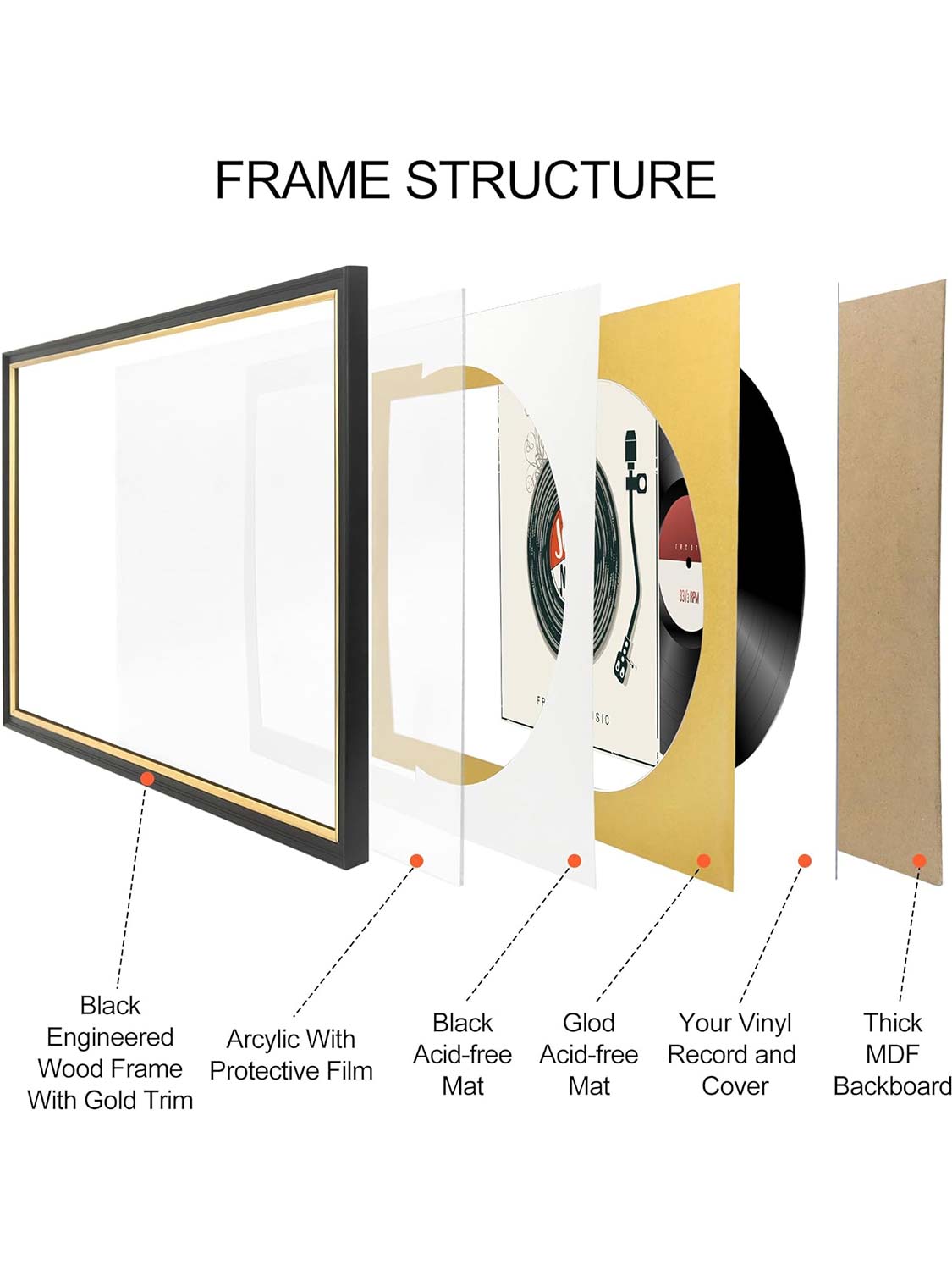 Black Vinyl Record Album Frame with Gold Trim for 12*12 LP Covers - 2 Colors Avialable