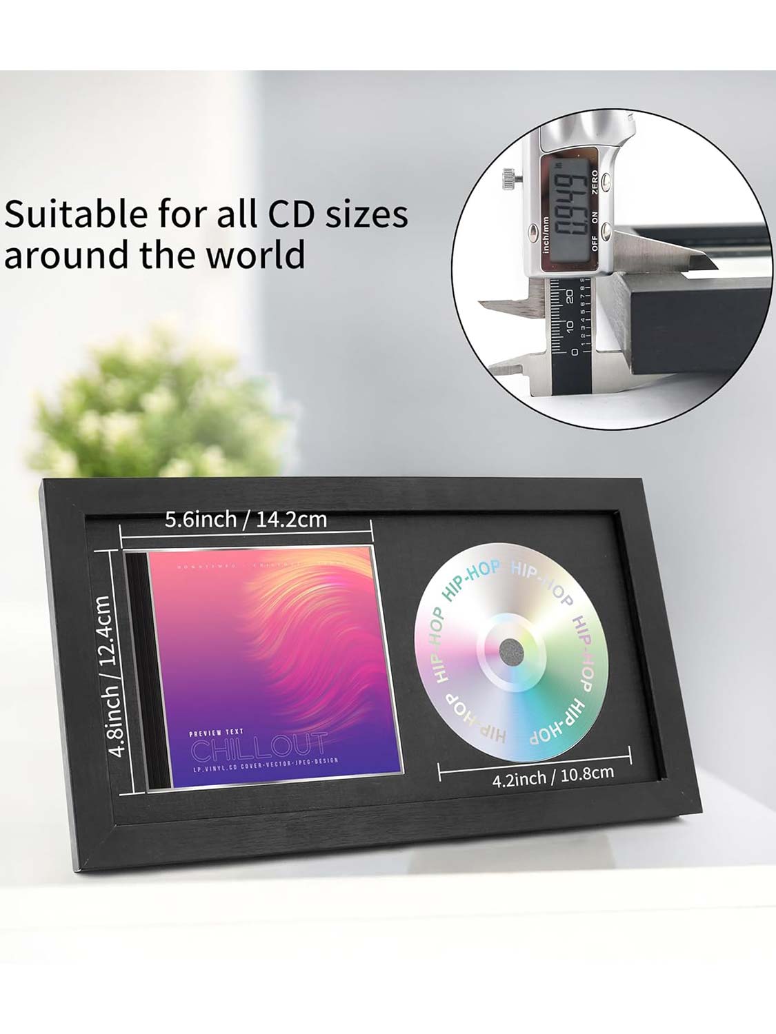 Black Solid Wood Real Glass with EVA Foaming CD Music Display Case Frame for 14.2*7.7 Display Disc and CD Box - 2 Colors Available