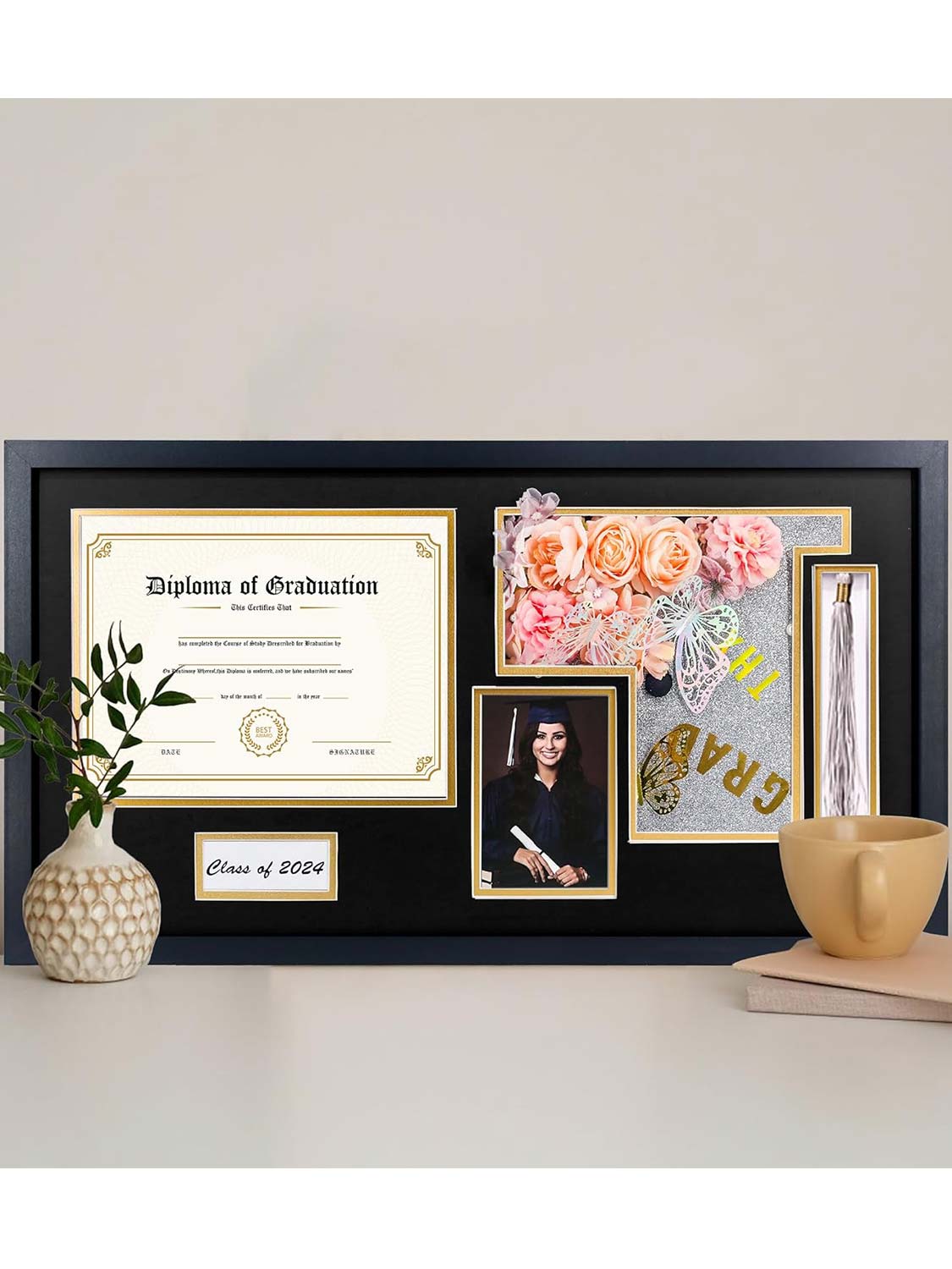 Shadow Box Frame Wood Display Case for Diploma & Photo & Graduation Cap & Tassel Holder - 3 Colors Available