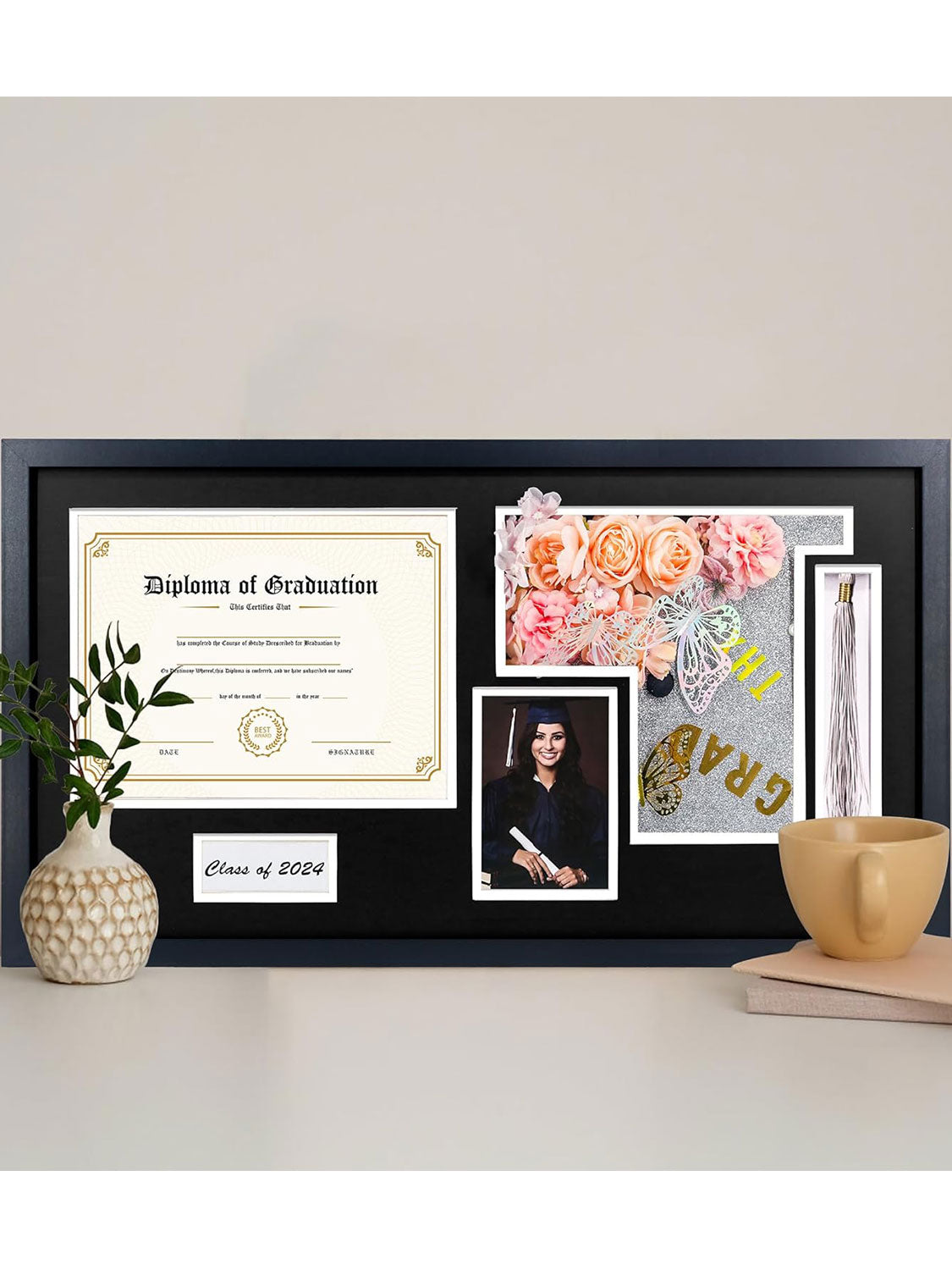 Shadow Box Frame Wood Display Case for Diploma & Photo & Graduation Cap & Tassel Holder - 3 Colors Available