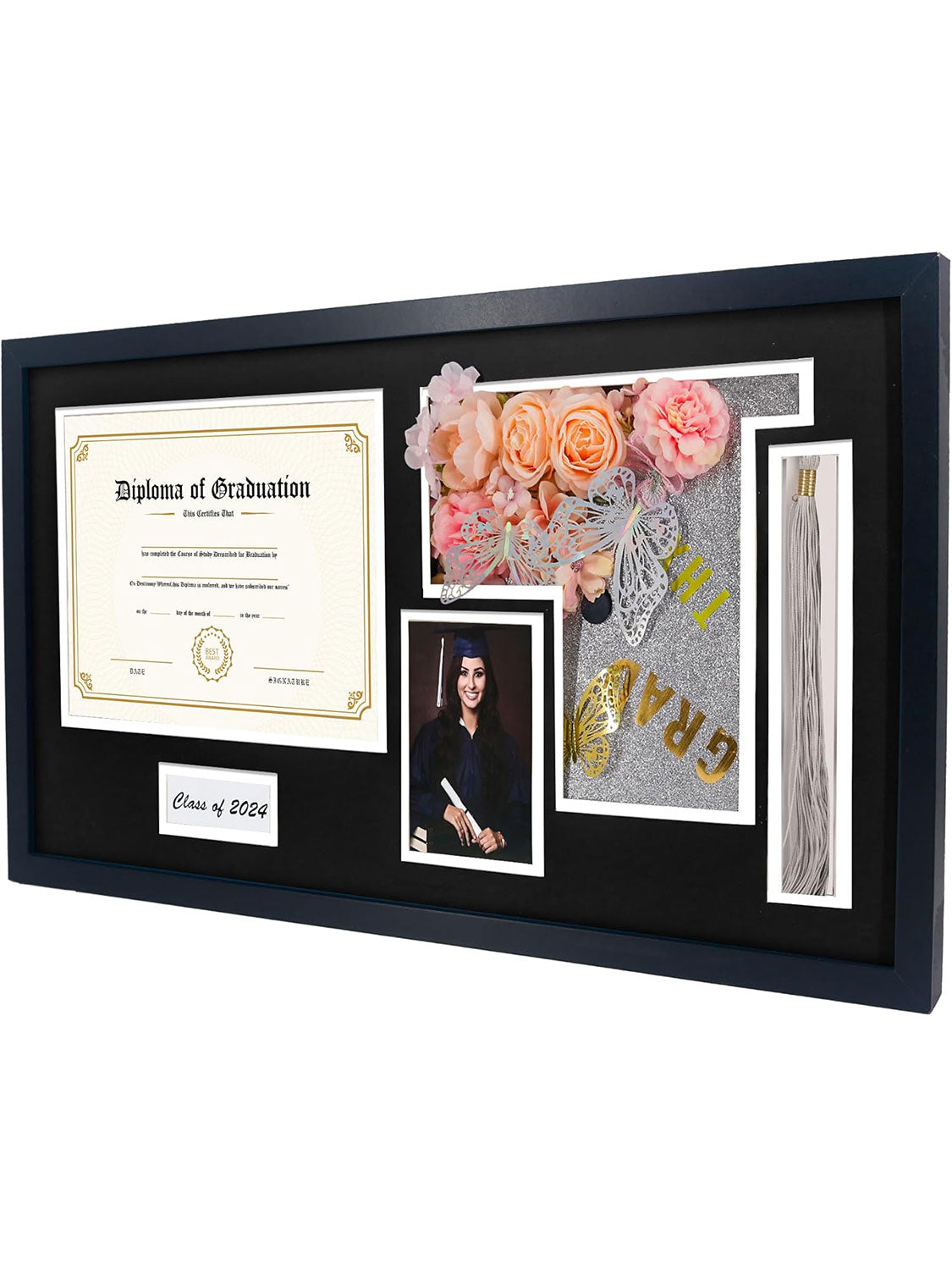 Shadow Box Frame Wood Display Case for Diploma & Photo & Graduation Cap & Tassel Holder - 3 Colors Available