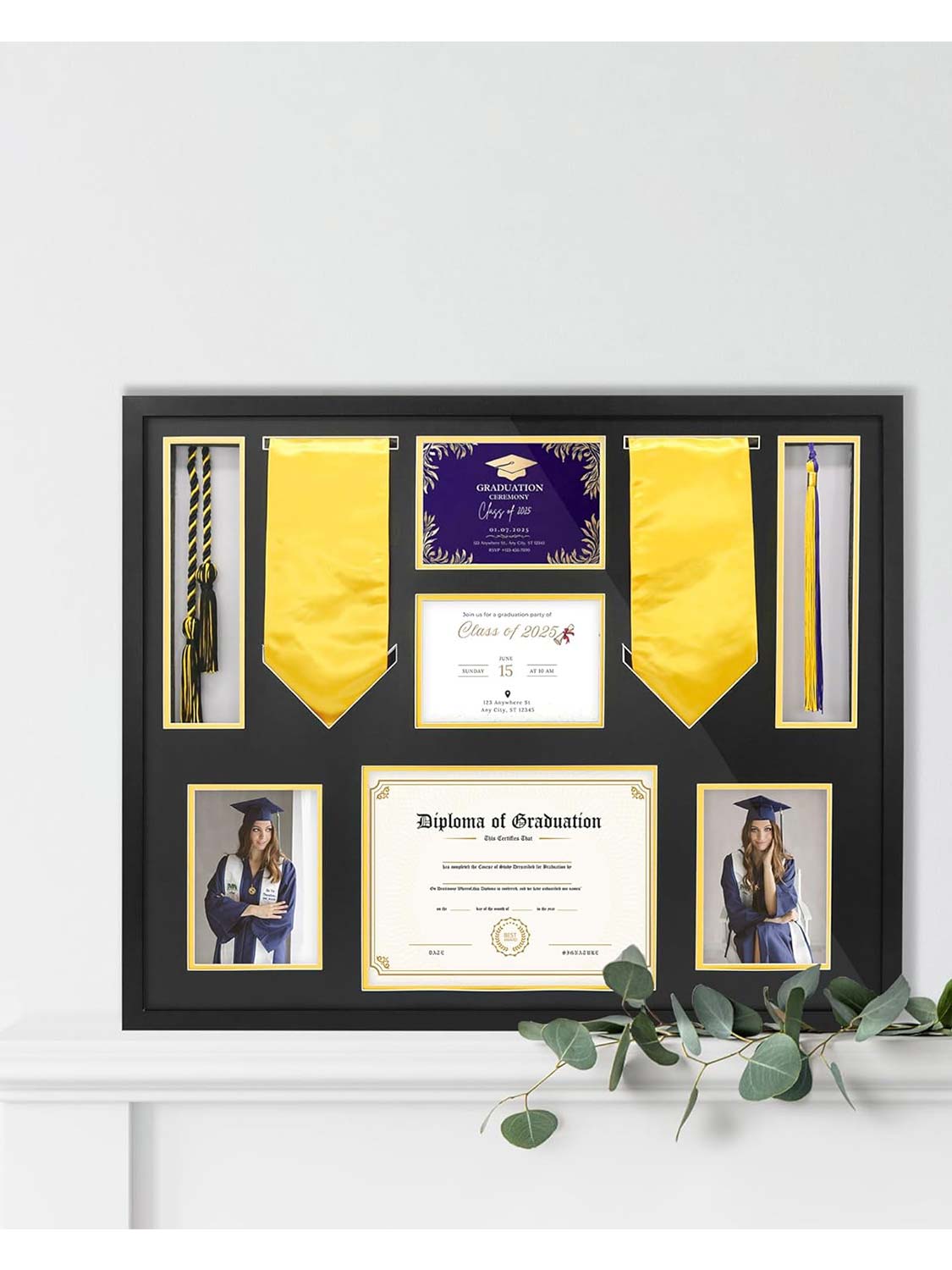 24*27 Graduation Shadow Box Frame for 8.5*11 Diploma, Tassel, Stole, Medal & 5*7 Photo
