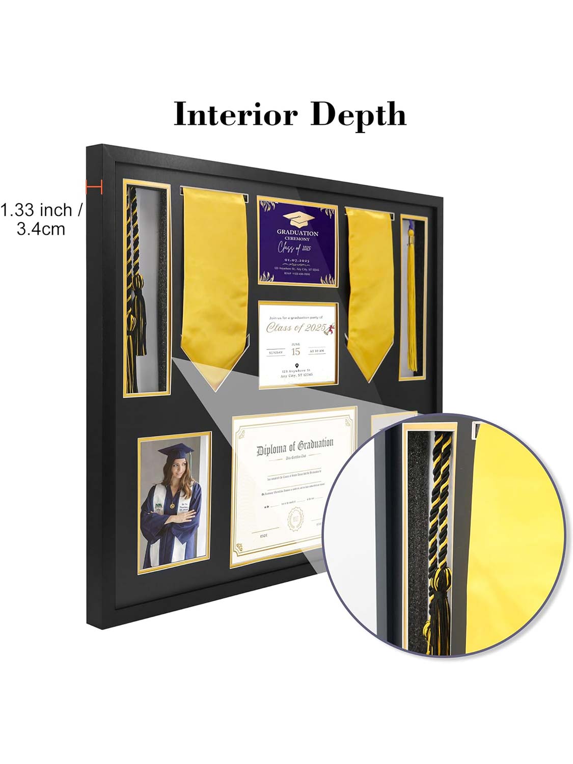 24*27 Graduation Shadow Box Frame for 8.5*11 Diploma, Tassel, Stole, Medal & 5*7 Photo