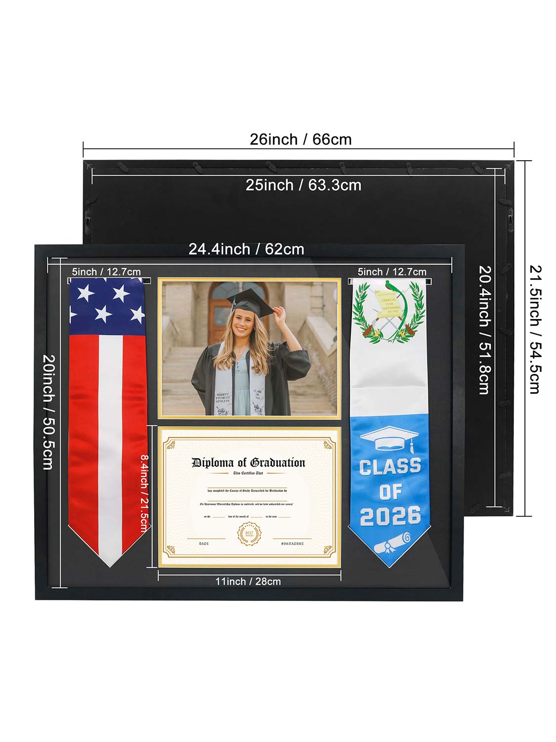 Black MDF Graduation Shadow Box Frame for 8.5*11 Diploma, Stoles & 5*7 picture - 2 Sizes Avalilable