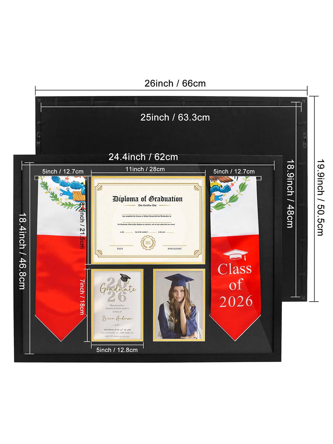 Black MDF Graduation Shadow Box Frame for 8.5*11 Diploma, Stoles & 5*7 picture - 2 Sizes Avalilable