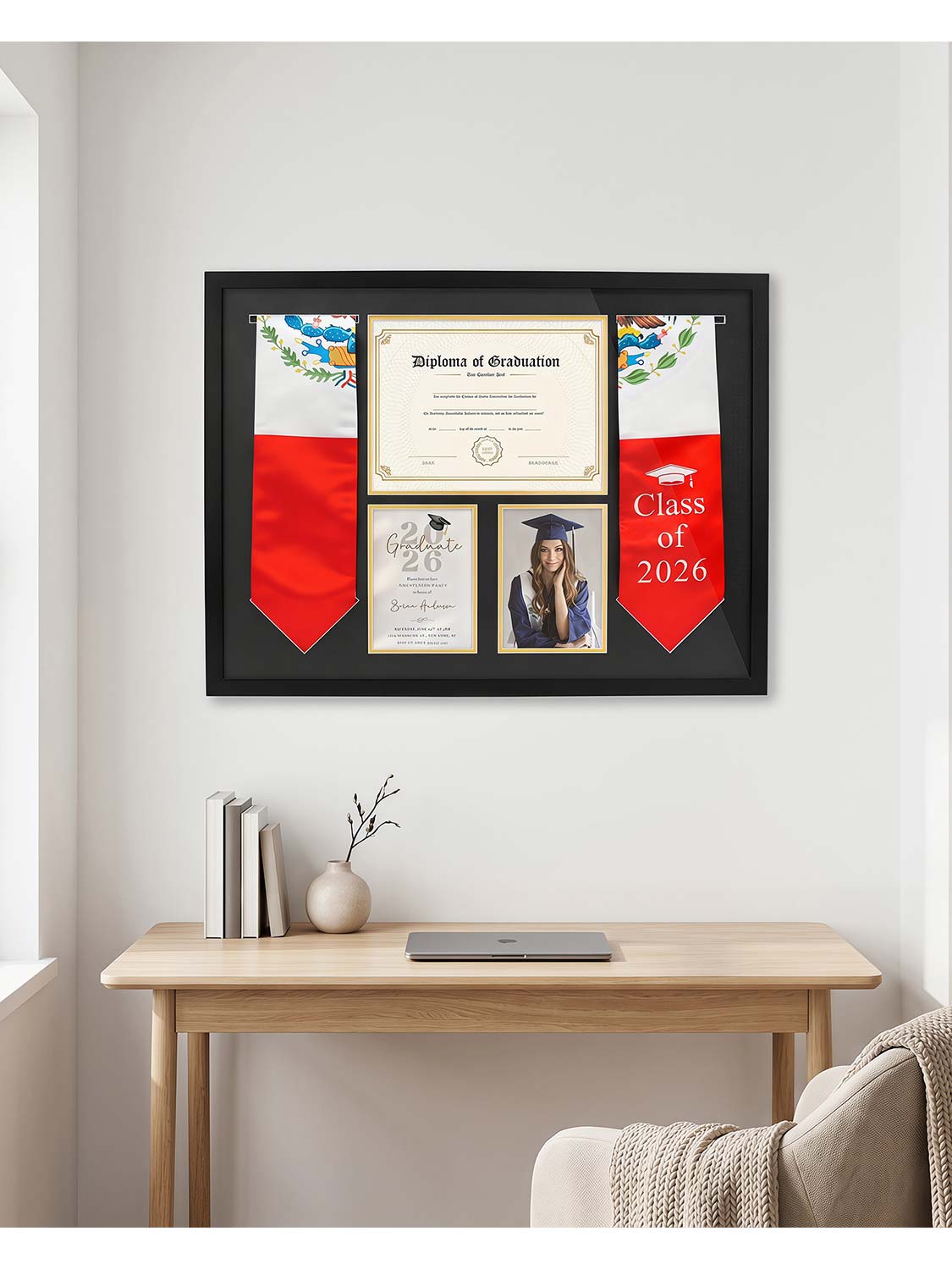 Black MDF Graduation Shadow Box Frame for 8.5*11 Diploma, Stoles & 5*7 picture - 2 Sizes Avalilable