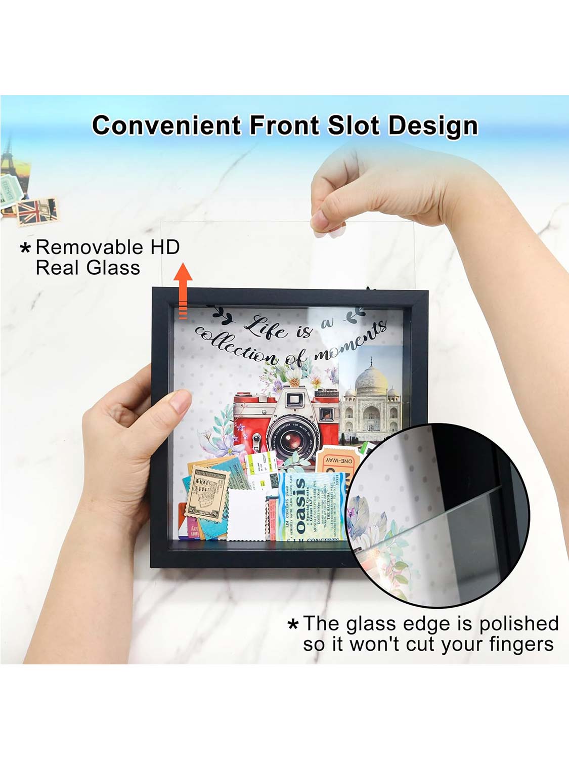 8*8 Travel Memory Shadow Box Ticket Stub Organizer with Slot - Various Colors & Styles Available