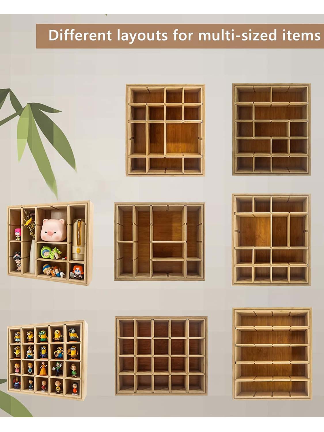 12*14 Bamboo Spice Rack Adjustable Shadow Box with 20 Compartments