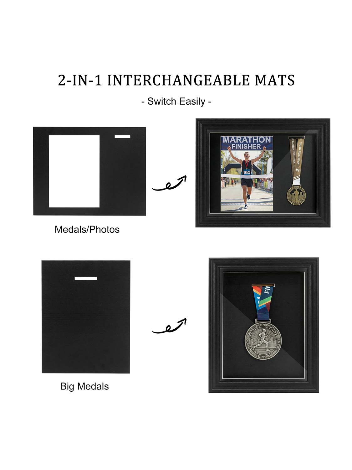 11.5*9.5 Wood Medal Display Case with Real Glass 2-in-1 mat holds medals and photos