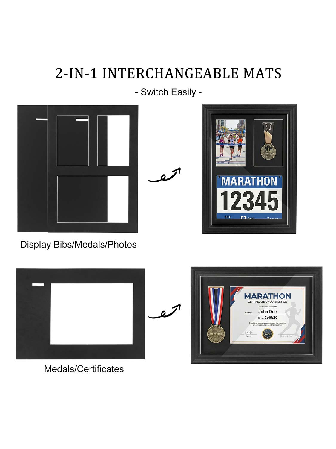 18*13 Wood Medal Display Case with Real Glass 3-in-1 mat holds race bib, medals and photos - 4 Colors Available