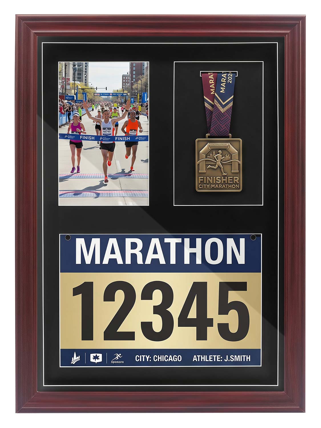 18*13 Wood Medal Display Case with Real Glass 3-in-1 mat holds race bib, medals and photos - 4 Colors Available