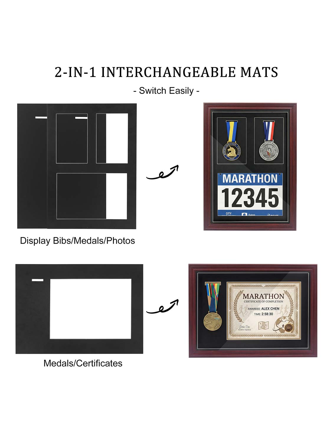 18*13 Wood Medal Display Case with Real Glass 3-in-1 mat holds race bib, medals and photos - 4 Colors Available