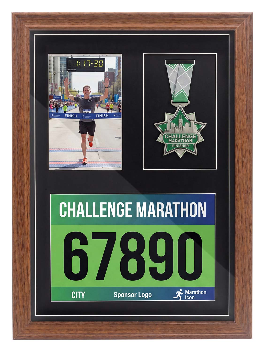 18*13 Wood Medal Display Case with Real Glass 3-in-1 mat holds race bib, medals and photos - 4 Colors Available
