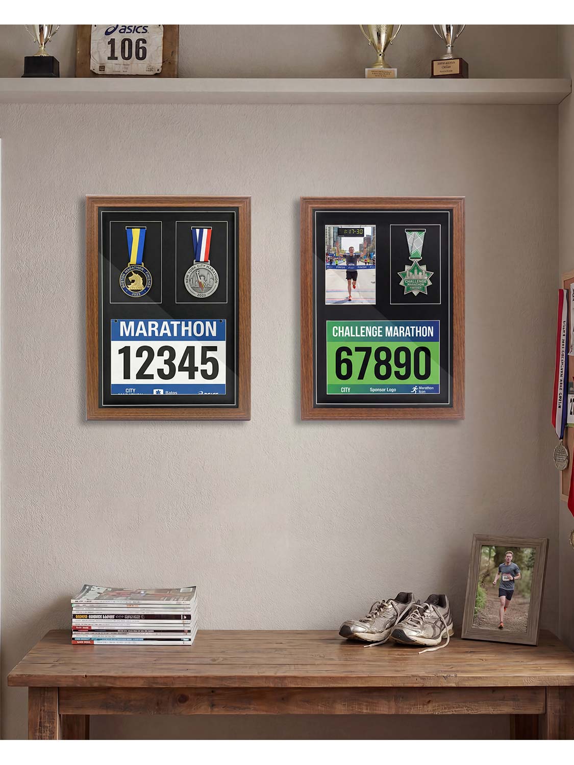 18*13 Wood Medal Display Case with Real Glass 3-in-1 mat holds race bib, medals and photos - 4 Colors Available