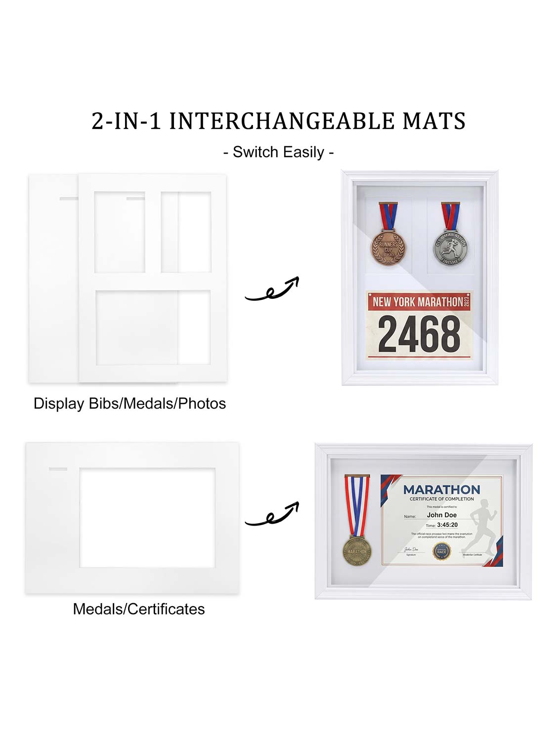 18*13 Wood Medal Display Case with Real Glass 3-in-1 mat holds race bib, medals and photos - 4 Colors Available