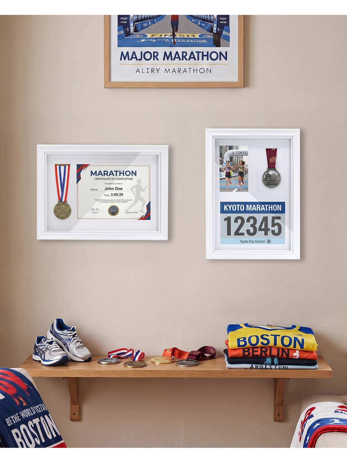 18*13 Wood Medal Display Case with Real Glass 3-in-1 mat holds race bib, medals and photos - 4 Colors Available