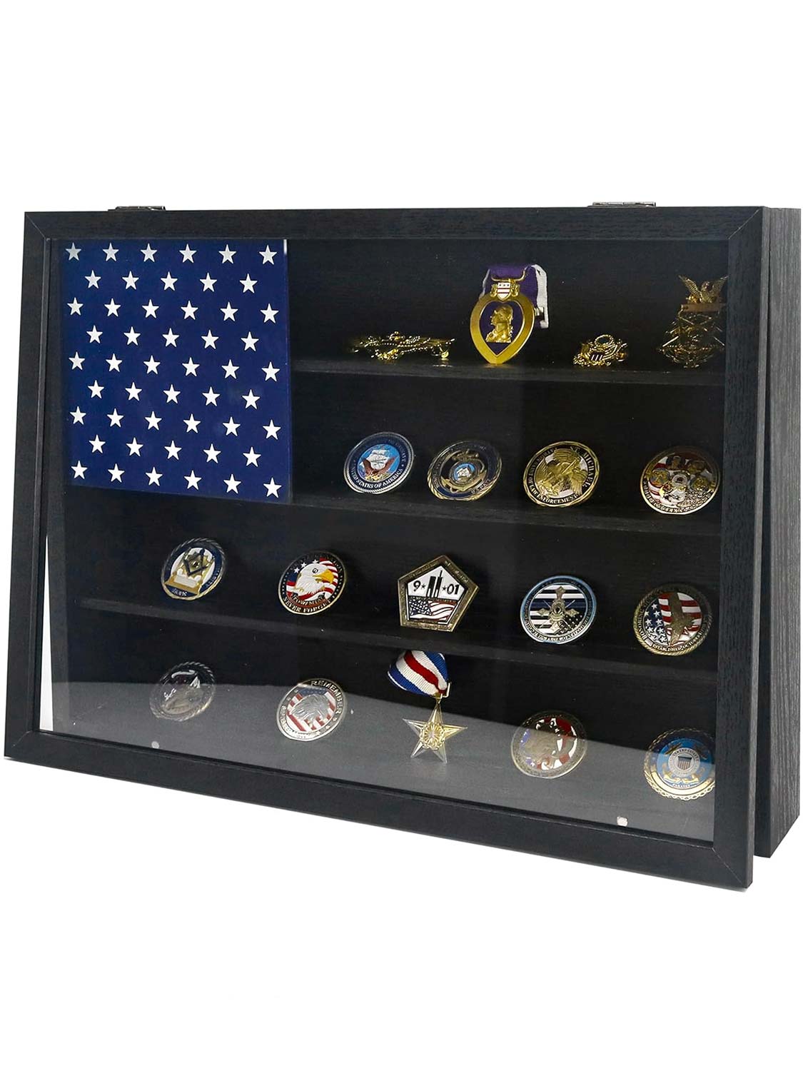 12*16 Wooden American Flag Challenge Coin Medal Display Case Frame - 2 Colors Available