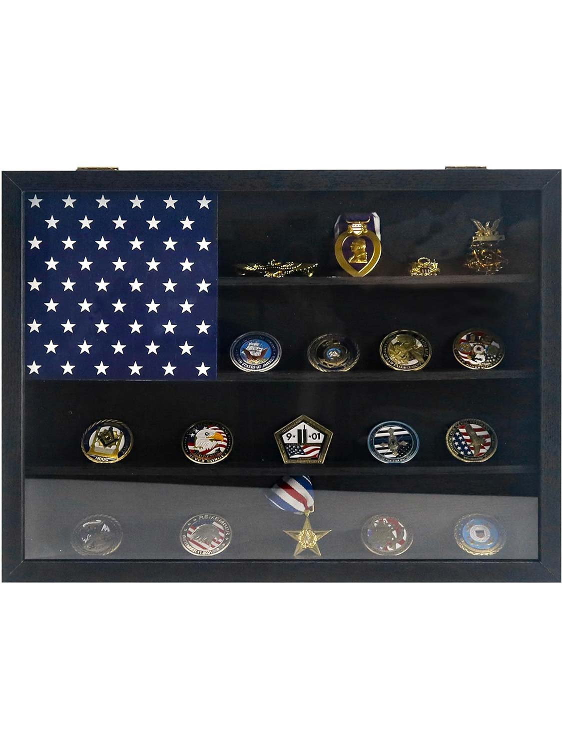 12*16 Wooden American Flag Challenge Coin Medal Display Case Frame - 2 Colors Available