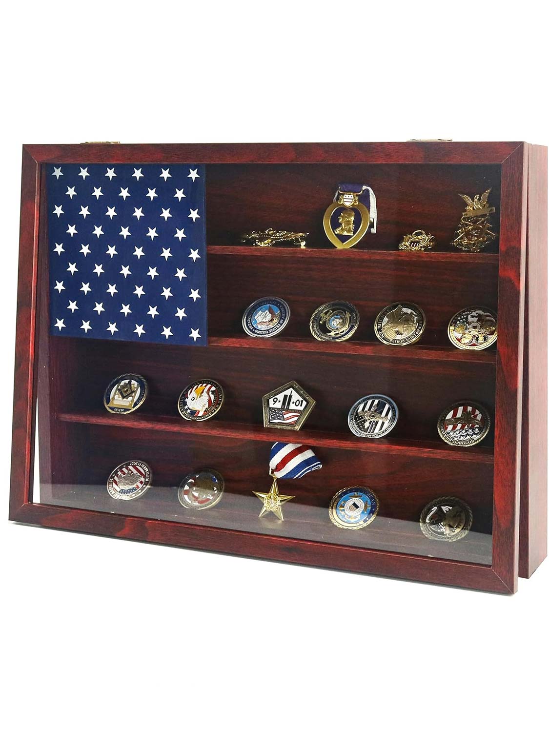 12*16 Wooden American Flag Challenge Coin Medal Display Case Frame - 2 Colors Available