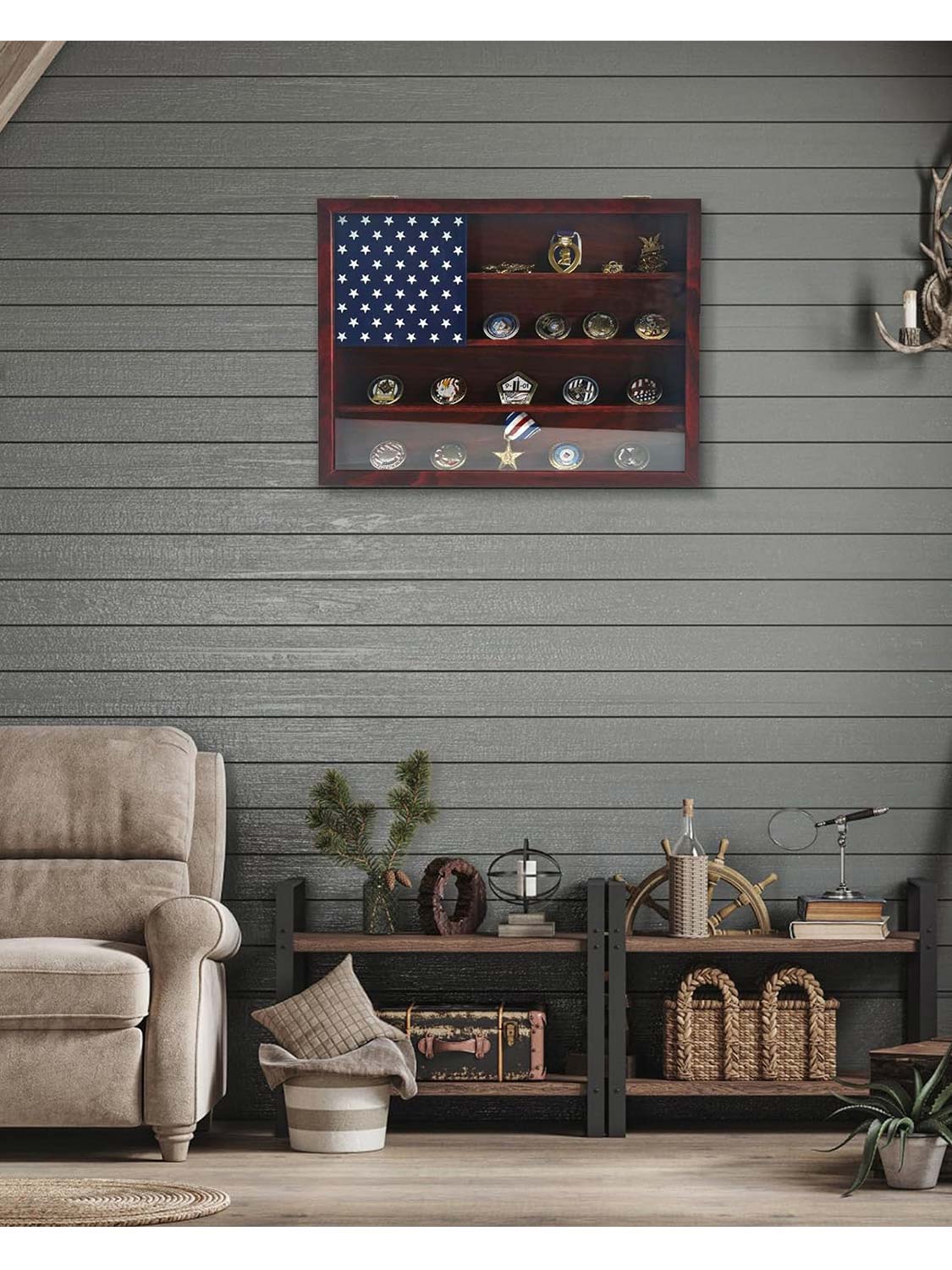 12*16 Wooden American Flag Challenge Coin Medal Display Case Frame - 2 Colors Available