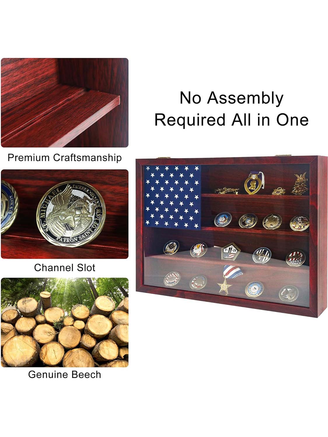 12*16 Wooden American Flag Challenge Coin Medal Display Case Frame - 2 Colors Available