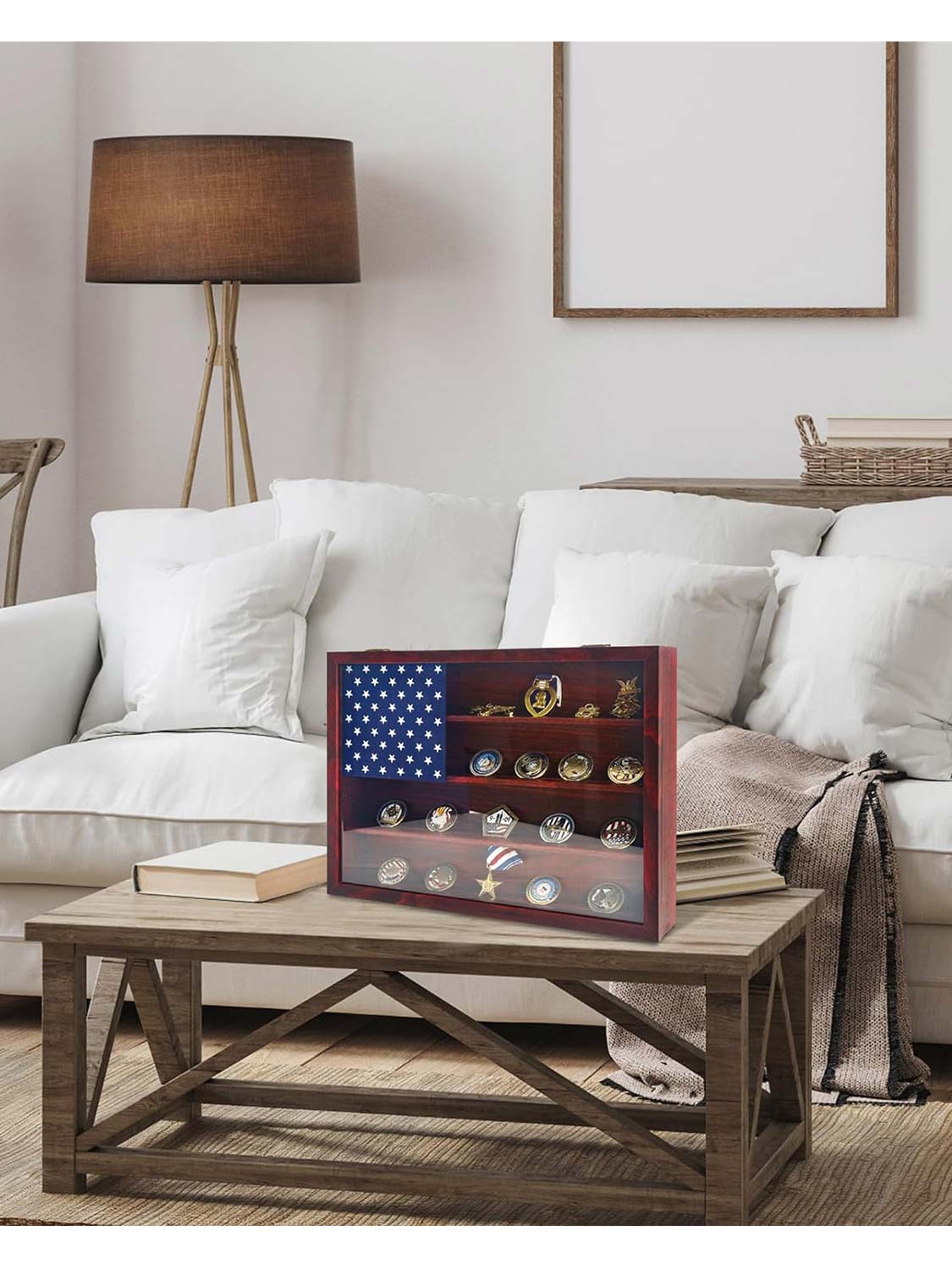 12*16 Wooden American Flag Challenge Coin Medal Display Case Frame - 2 Colors Available