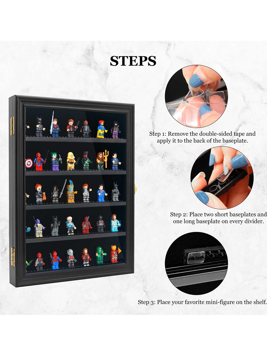 12*16 Wooden Lego Minifigures Shadow Box with Lock - 3 Colors Available