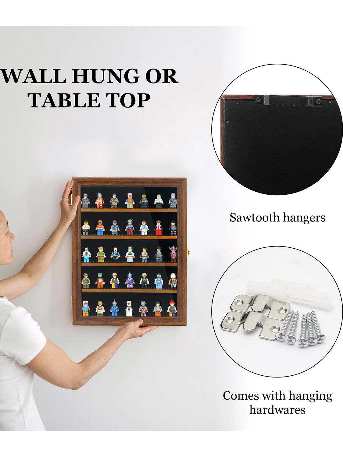 12*16 Wooden Lego Minifigures Shadow Box with Lock - 3 Colors Available