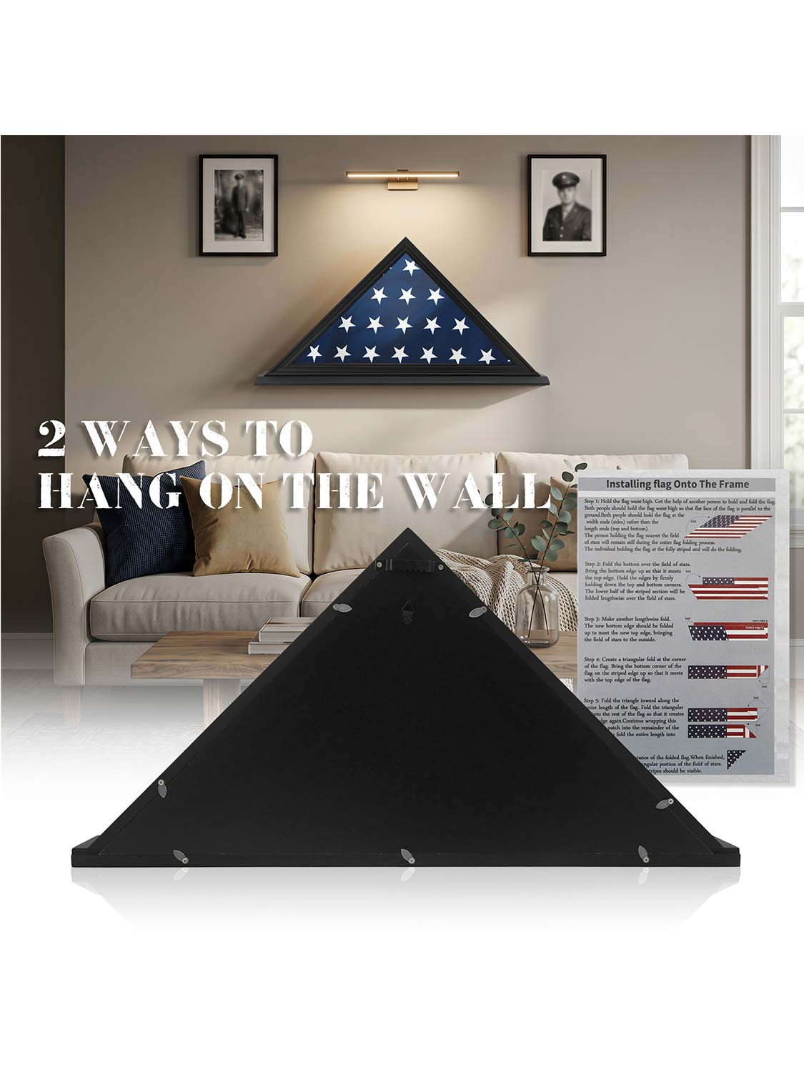 Solid Wood Wall Mounted Triangle Flag for 5*9.5 American Veteran Burial Flag - 3 Colors Available