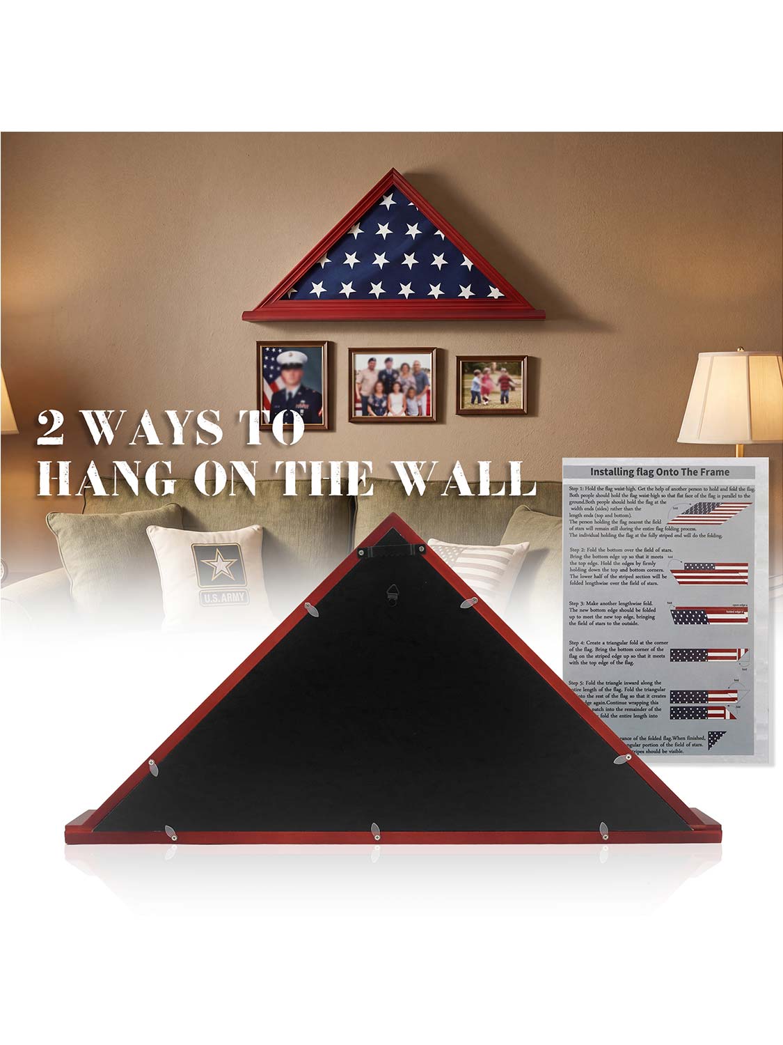 Solid Wood Wall Mounted Triangle Flag for 5*9.5 American Veteran Burial Flag - 3 Colors Available