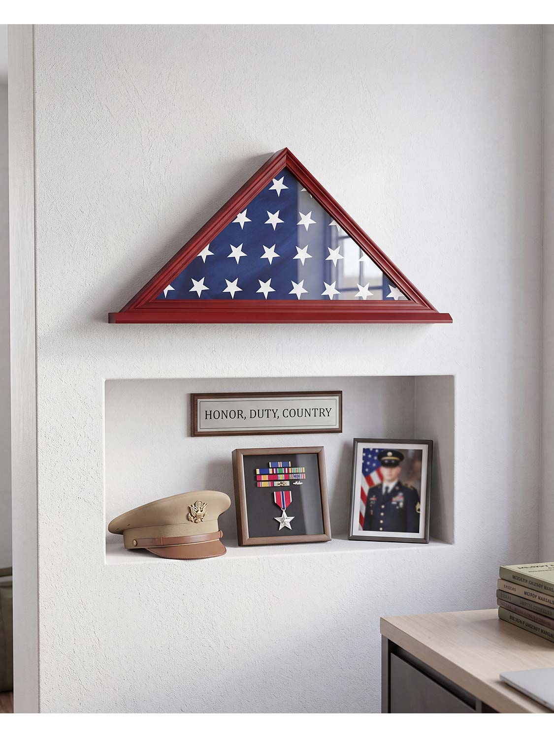 Solid Wood Wall Mounted Triangle Flag for 5*9.5 American Veteran Burial Flag - 3 Colors Available