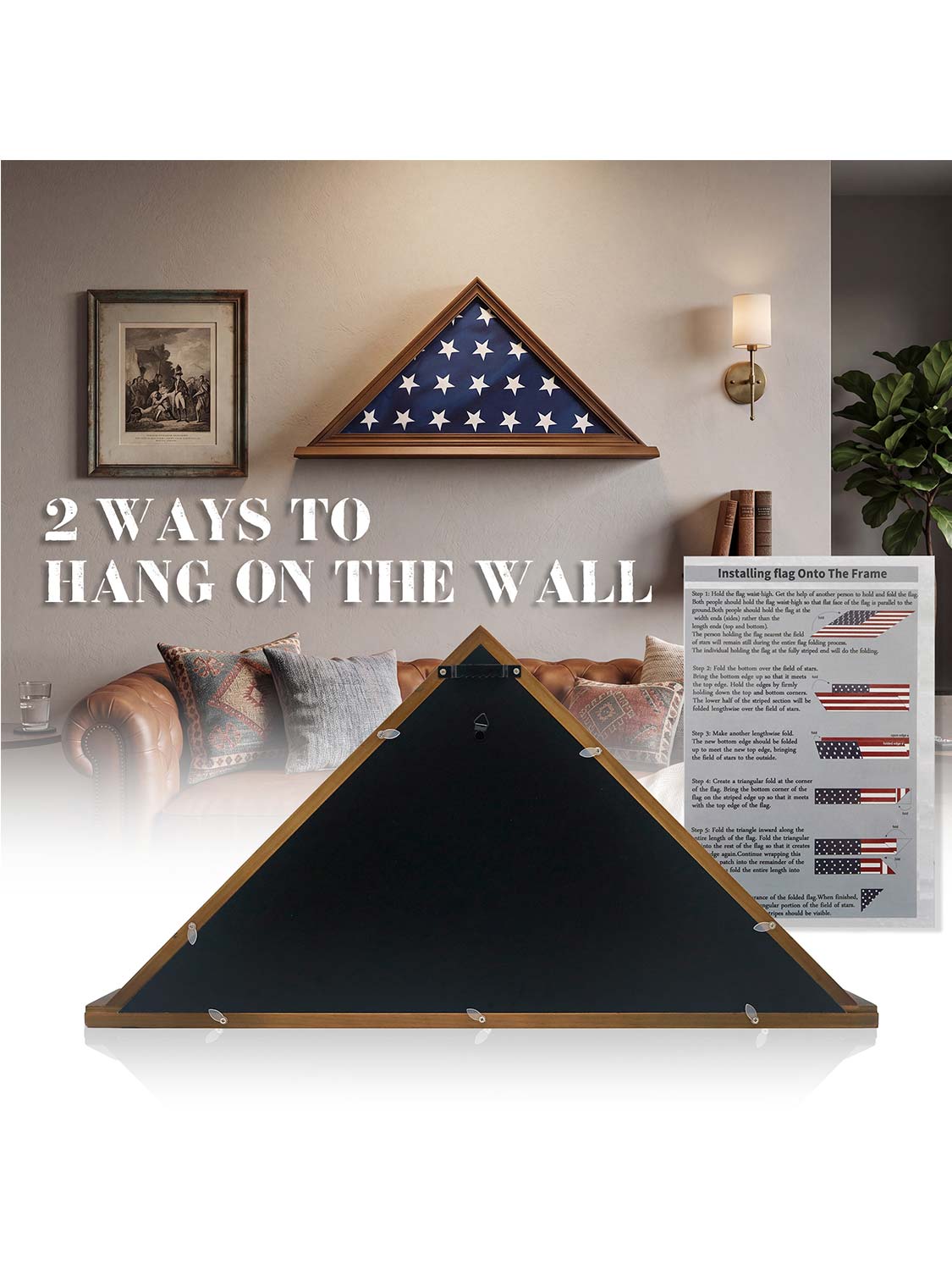 Solid Wood Wall Mounted Triangle Flag for 5*9.5 American Veteran Burial Flag - 3 Colors Available