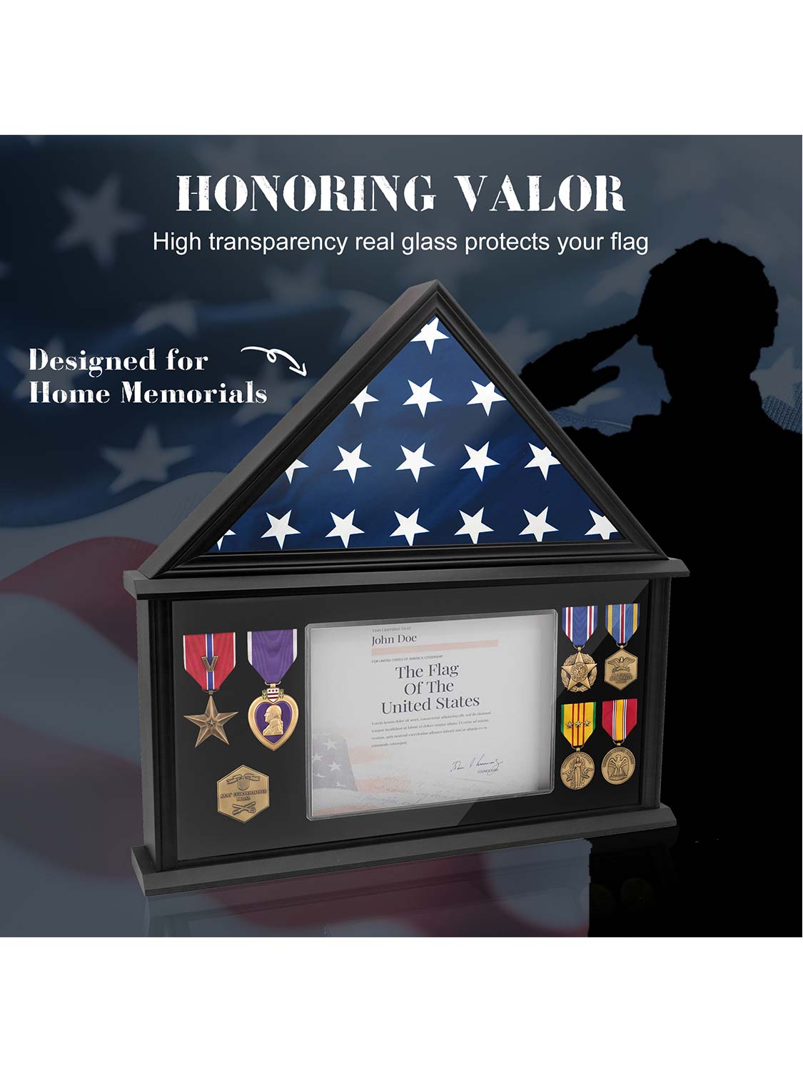 Solid Wood Burial Flag Shadow Box for 5*9.5 American Veteran Burial Flag with Certificate Holder - 3 Colors Available