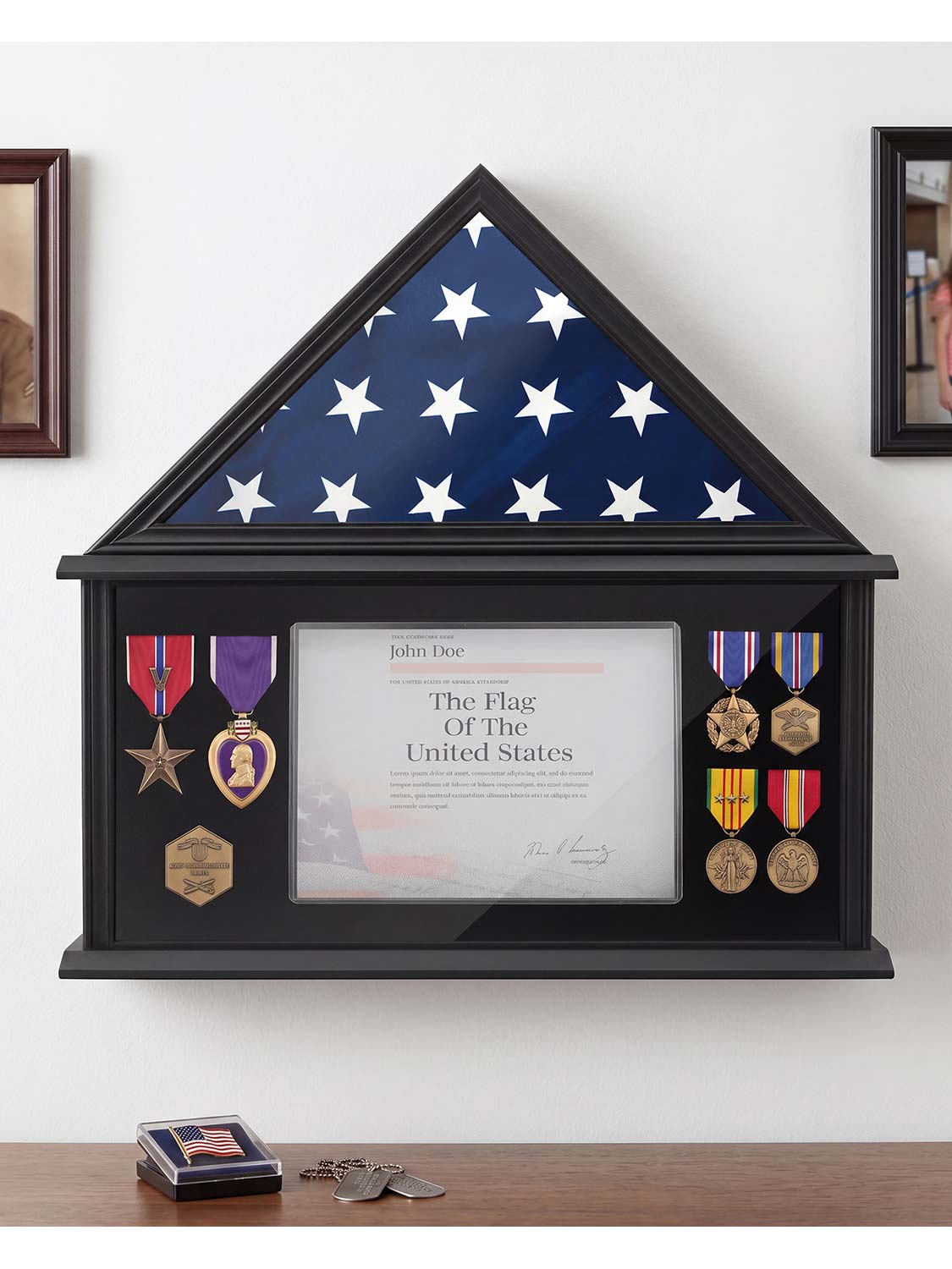 Solid Wood Burial Flag Shadow Box for 5*9.5 American Veteran Burial Flag with Certificate Holder - 3 Colors Available