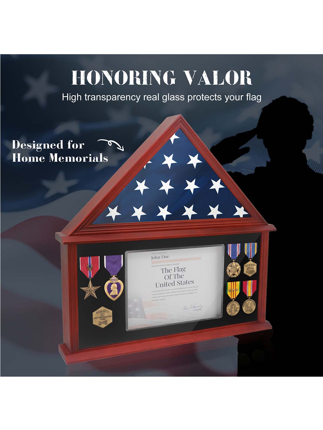Solid Wood Burial Flag Shadow Box for 5*9.5 American Veteran Burial Flag with Certificate Holder - 3 Colors Available