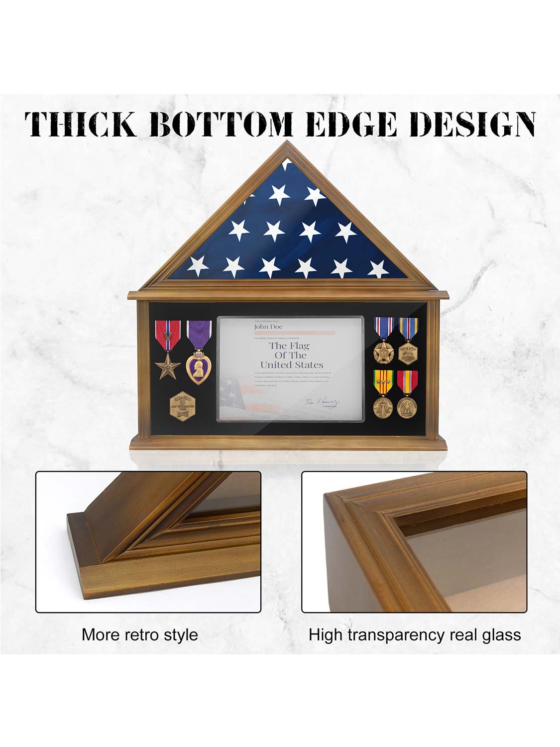 Solid Wood Burial Flag Shadow Box for 5*9.5 American Veteran Burial Flag with Certificate Holder - 3 Colors Available
