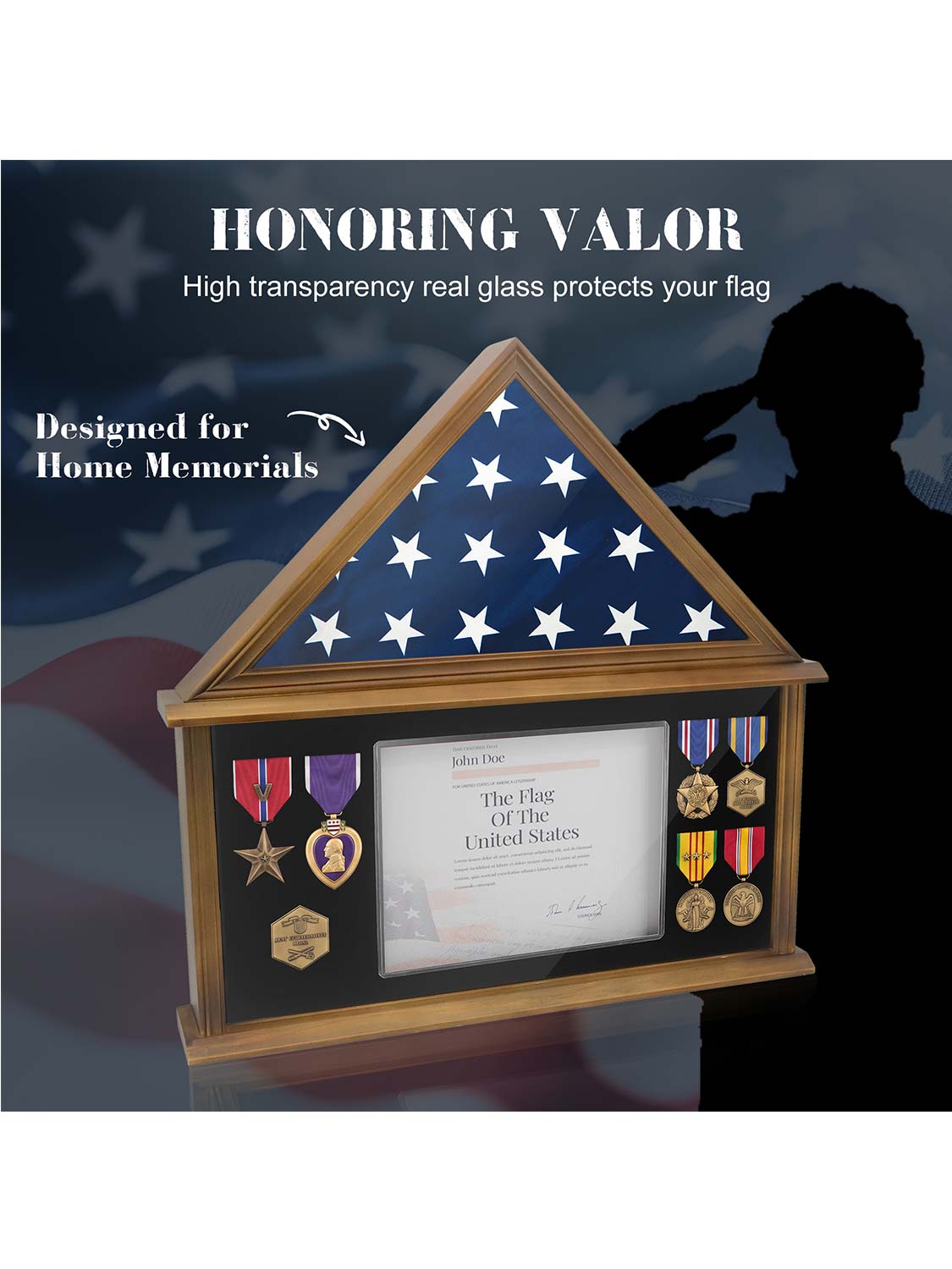 Solid Wood Burial Flag Shadow Box for 5*9.5 American Veteran Burial Flag with Certificate Holder - 3 Colors Available