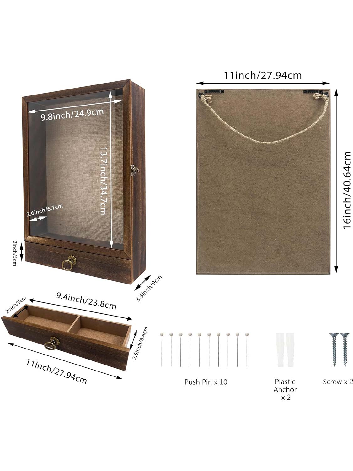11*16 Carbonized Wooden Shadow Box Frame with Drawer and Soft Line Back - 3 Colors Available
