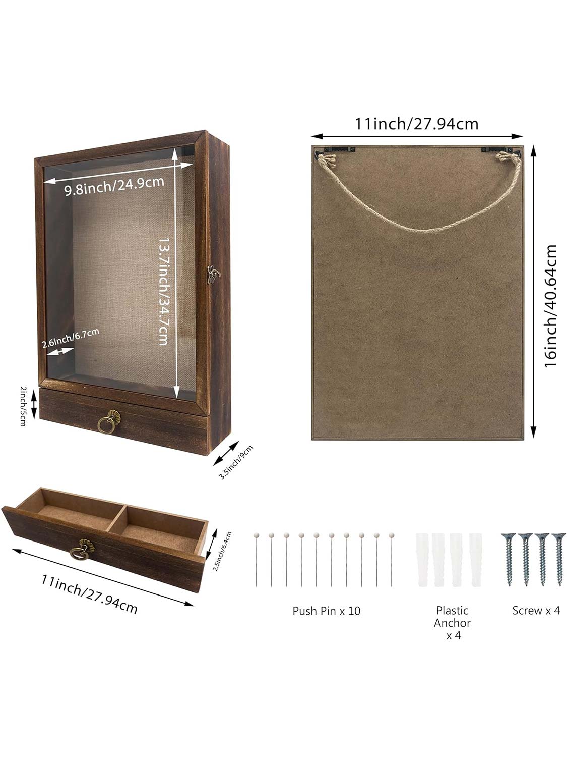 11*16 Carbonized Wooden Shadow Box Frame with Drawer and Soft Line Back - 3 Colors Available