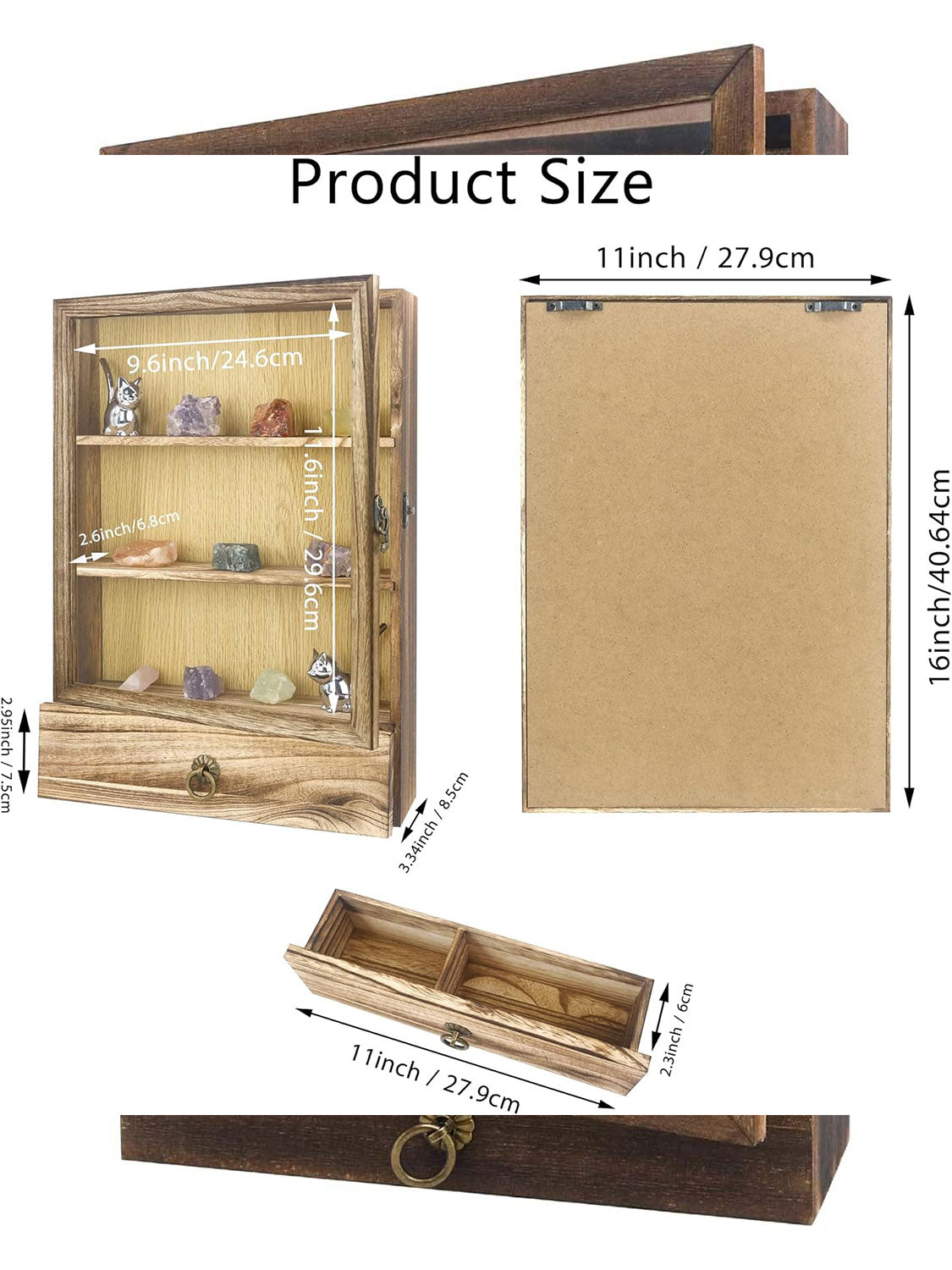 11*16 Carbonized Wooden Shadow Box Frame with Shelves Drawer and Soft Line Back