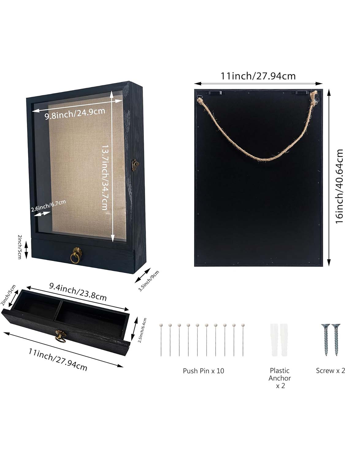 11*16 Carbonized Wooden Shadow Box Frame with Drawer and Soft Line Back - 3 Colors Available
