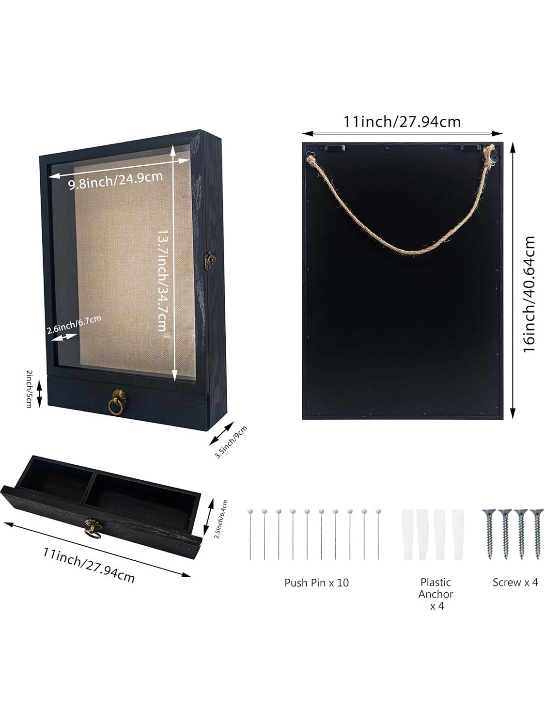 11*16 Carbonized Wooden Shadow Box Frame with Drawer and Soft Line Back - 3 Colors Available