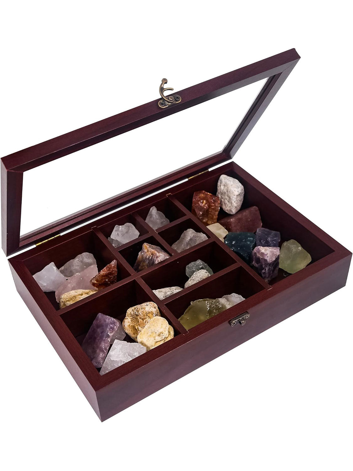 Rock Display Case-Crystal Collection Box with Shelves -Onyx Opal Crystal Stand Displayed in 9 Different Sizes of Grids-Gem Holder