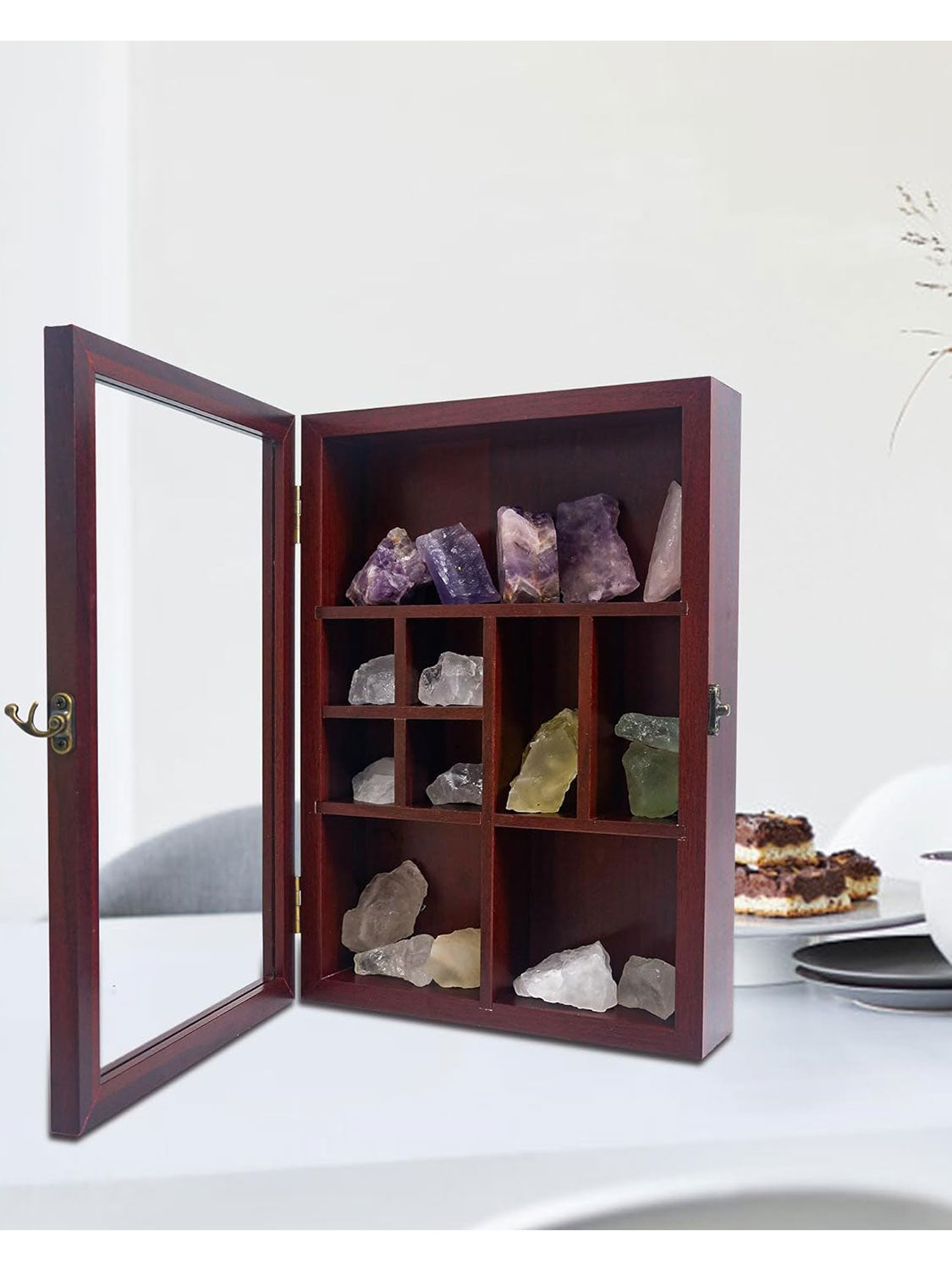 Rock Display Case-Crystal Collection Box with Shelves -Onyx Opal Crystal Stand Displayed in 9 Different Sizes of Grids-Gem Holder