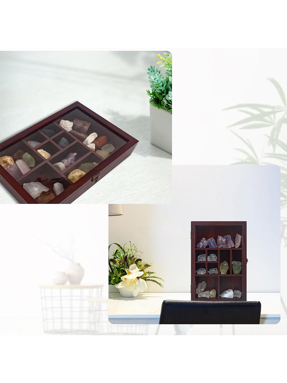 Rock Display Case-Crystal Collection Box with Shelves -Onyx Opal Crystal Stand Displayed in 9 Different Sizes of Grids-Gem Holder