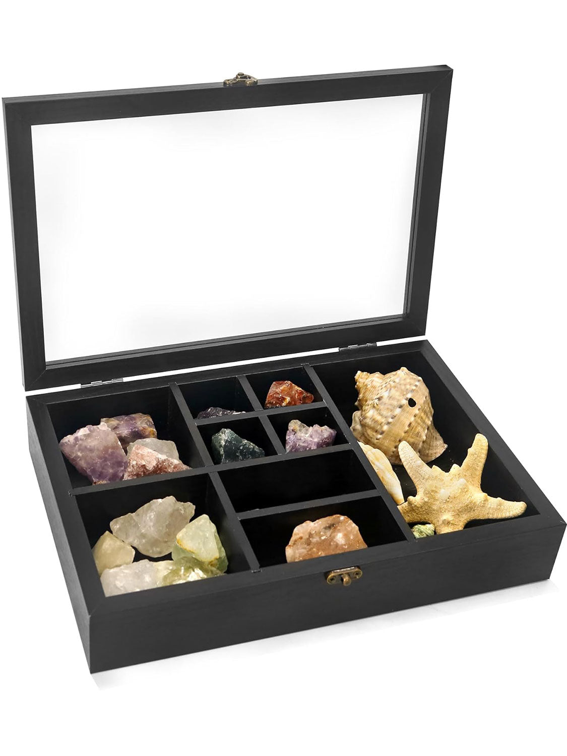 Rock Display Case-Crystal Collection Box with Shelves -Onyx Opal Crystal Stand Displayed in 9 Different Sizes of Grids-Gem Holder